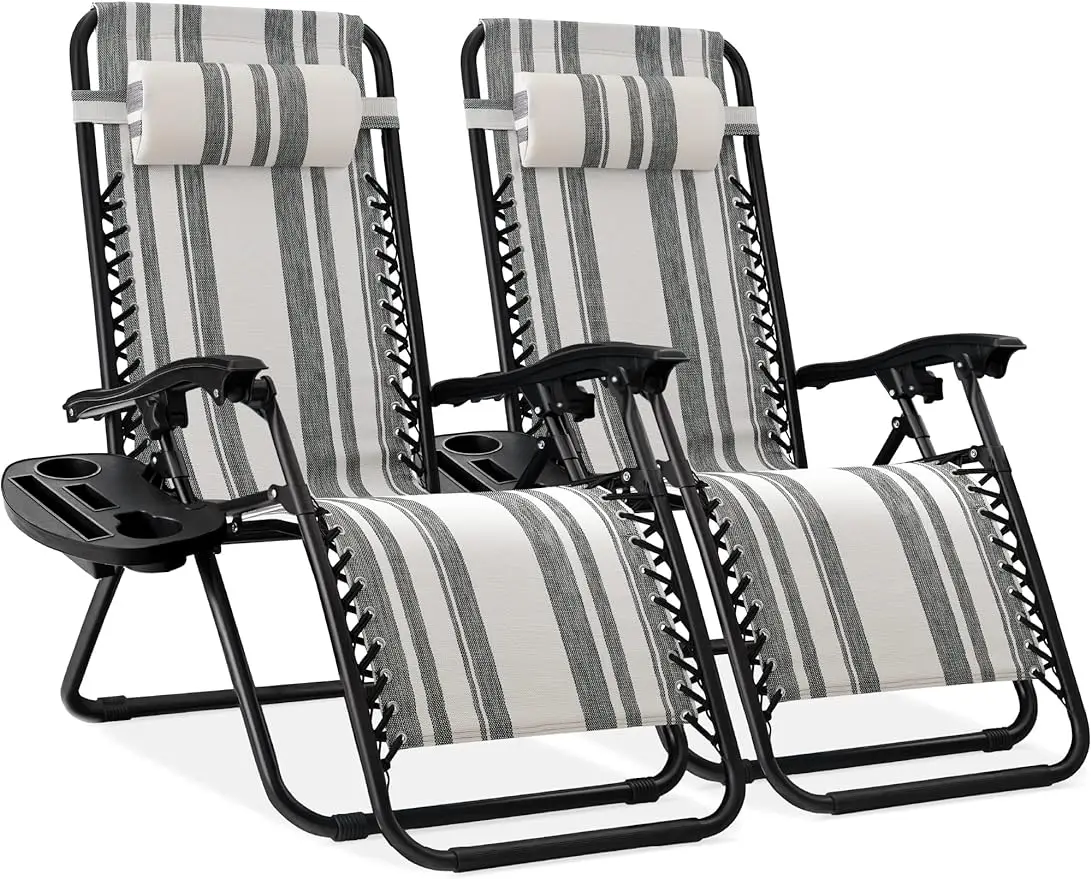 

Set of 2 Adjustable Steel Mesh Zero Gravity Lounge Chair Recliners w/Pillows and Cup Holder Trays-Gray Stripes