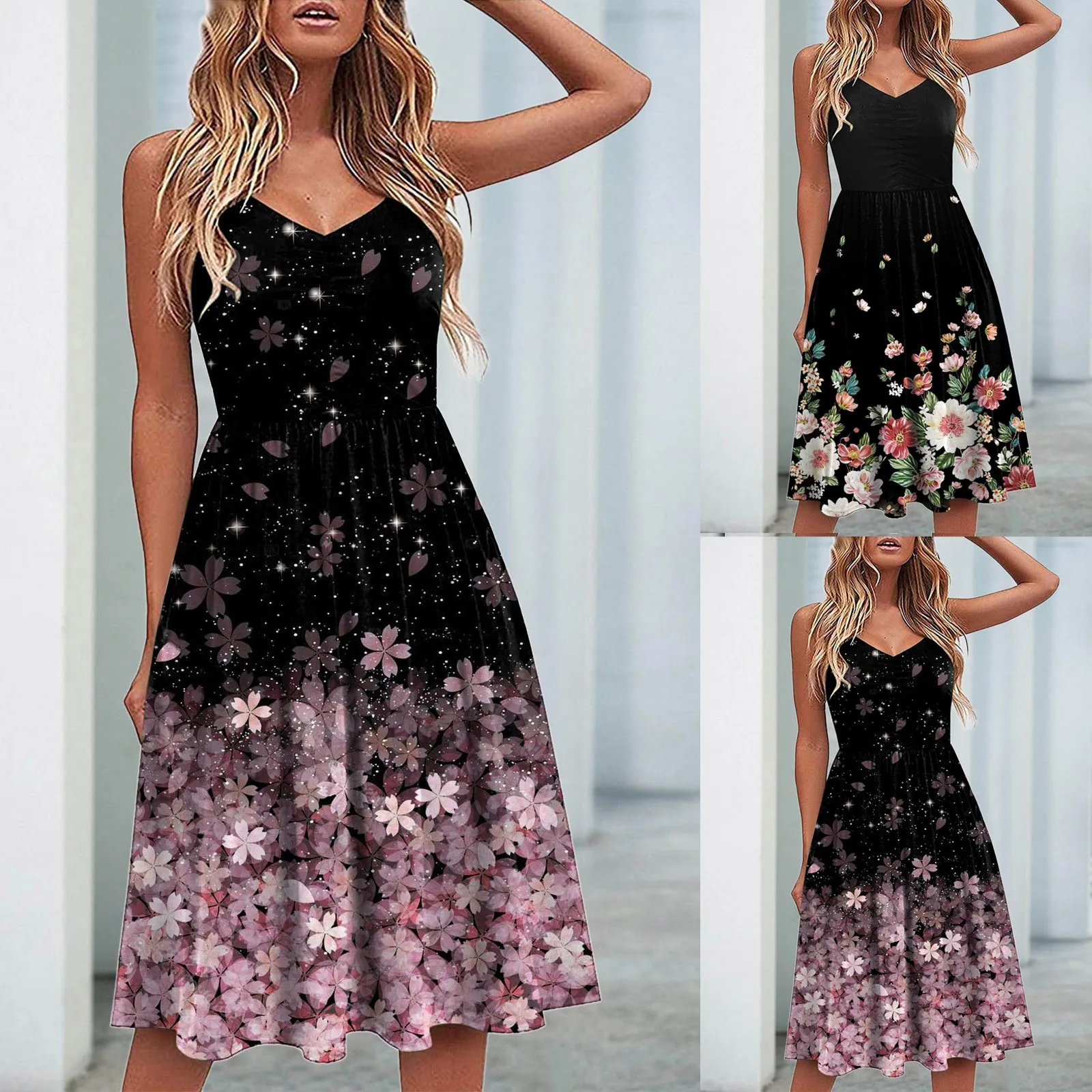 

Women Formal Gradient Printed Long Dress Sexy V Neck Loose Tunic Maxi Dresses Holiday Boho A-line Swing Party Dresses Robe