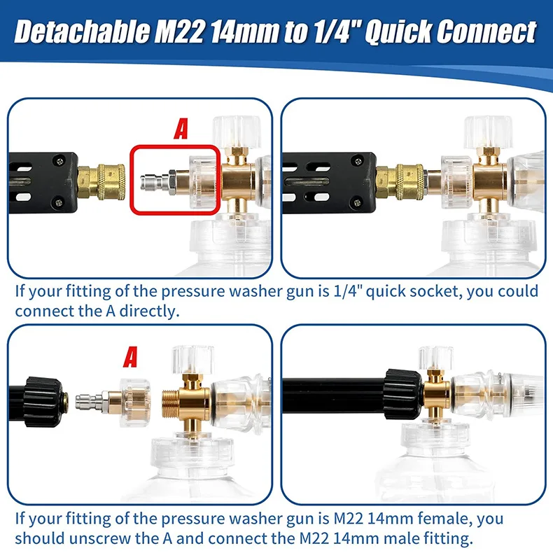 1L Transparent Foam Cannon Kit – 360° Rotating Adjustable Nozzle M22/1/4 Quick Connect Spare Orifice Nozzle for Pressure Washer 5