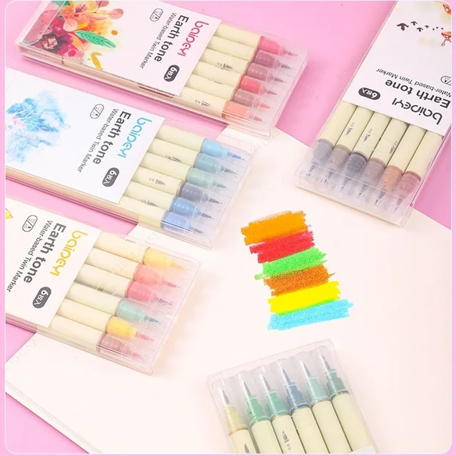 6 Colors Dual Tip Watercolor Art Markers Brush Pen Set Fineliner Drawing for Sketching Calligraphy Painting School Supplies 1