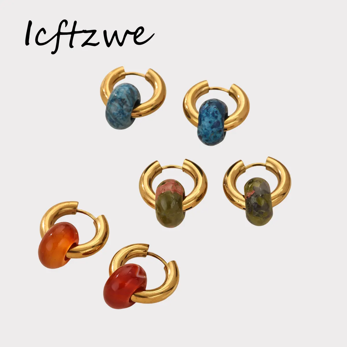 Gold Tone Chunky Natural Stone Boho Hoop Earrings