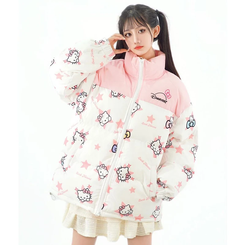 

Kawaii Y2K Hellokitty Sanrios Cartoon Cotton Jacket Couple Anime Coat Winter Contrasting Colors Loose Fitting Thickening Tops