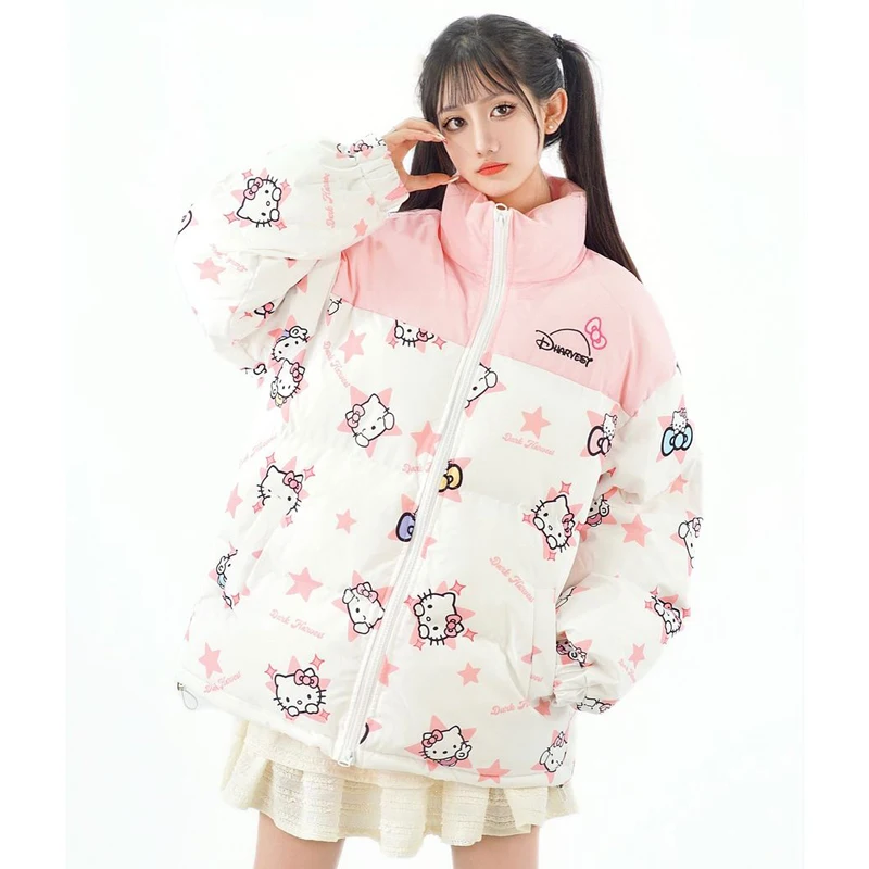 

Kawaii Y2K Hellokitty Sanrios мультфильм хлопковая куртка для пар аниме пальто Зимние контрастные цвета свободные облегающие утепленные Топы