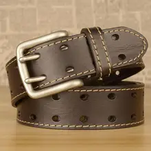

New double-pin buckle men's belt top layer cowhide belt car line decoration personalized hollow pure cowhide jeans belt