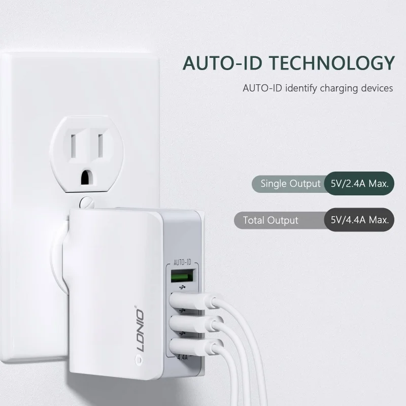LDNIO USB  ÷, 4 Ʈ USB    ÷, 22W, 5V, 4.4A    ,  ȵ̵