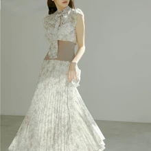 

Japanese Half High Collar Little Flying Sleeve Print Screw Thread Splicing Empire Dresses 2022 Spring Woman Clothing