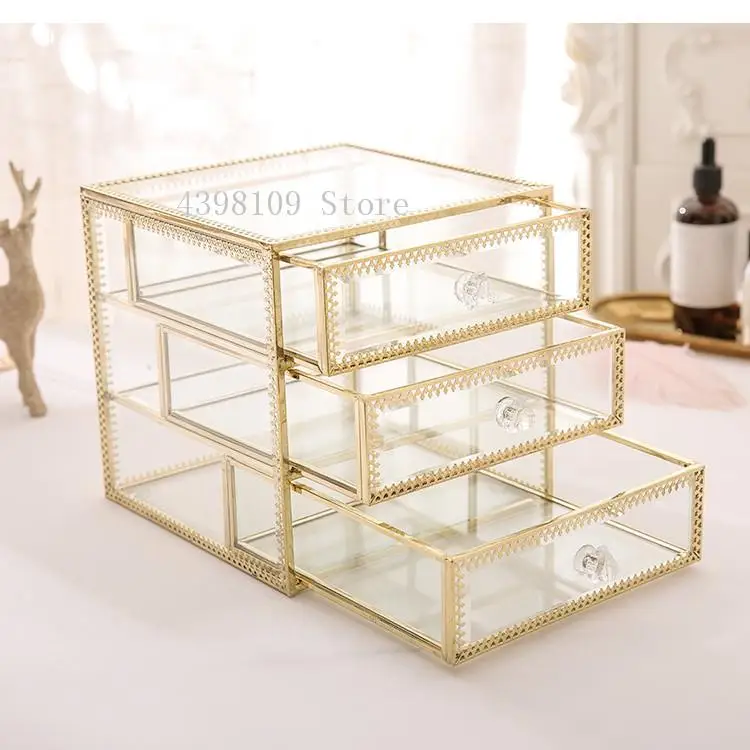 

Double-layer Golden Glass Storage Box Jewelry Box Drawer Organizer Watch Earring Jewelry Organizer Home Storage & Organization