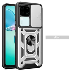 Magnetic Ring Stand Armor Cover with Slide Lens Protection for Vivo V30 Lite 5G (Silver)