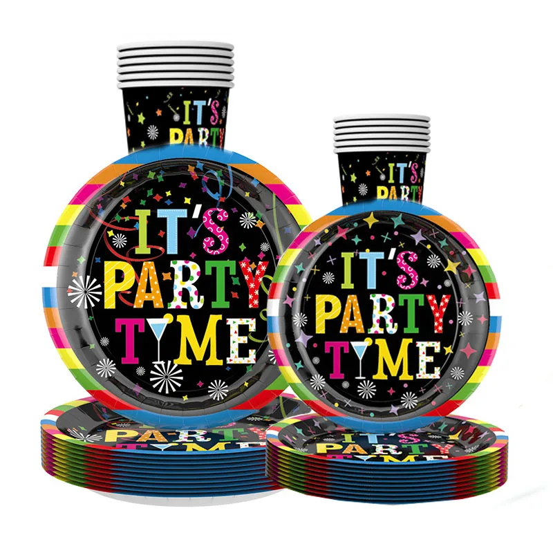 

8Guest It's Party Time Tableware Paper Plates Napinks Cups Happy Birthday Party Decor Kids Boy Girl Adults Rave Party Supplies