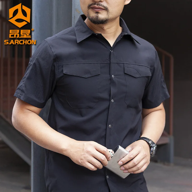 

Outdoor Short Sleeved Shirt, Men's Ultra-thin Breathable Military Fan Tactical Quick Drying Shirt, Lapel Work Shirt