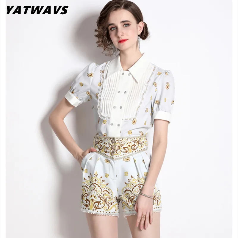 

Runway Summer Shorts Set For Women Short Sleeve Floral Shirt And Pleated Shorts Two Piece Outfits Simple Ladies Matching Sets