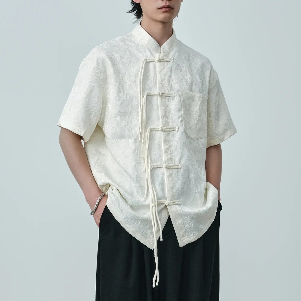 Chinese Style High Quality Vintage Jacquard Short Sleeve Shirts For Men Summer Tai Chi Kung Fu Shirt Ethnic Style Tops Male
