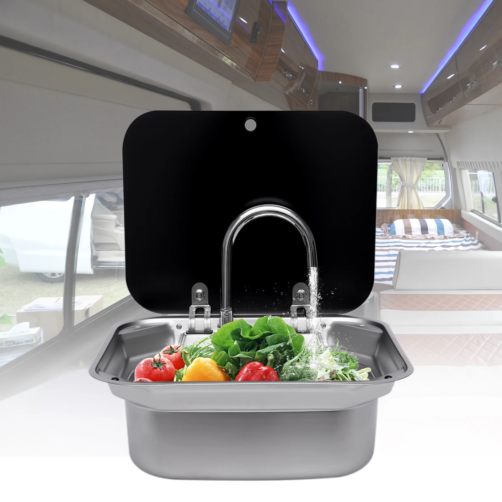 Hand Wash Basin Sink Stainless Steel RV Sink with Glass Lid Hot and Ccold Faucet Camper Accessories for RV Caravan Boat