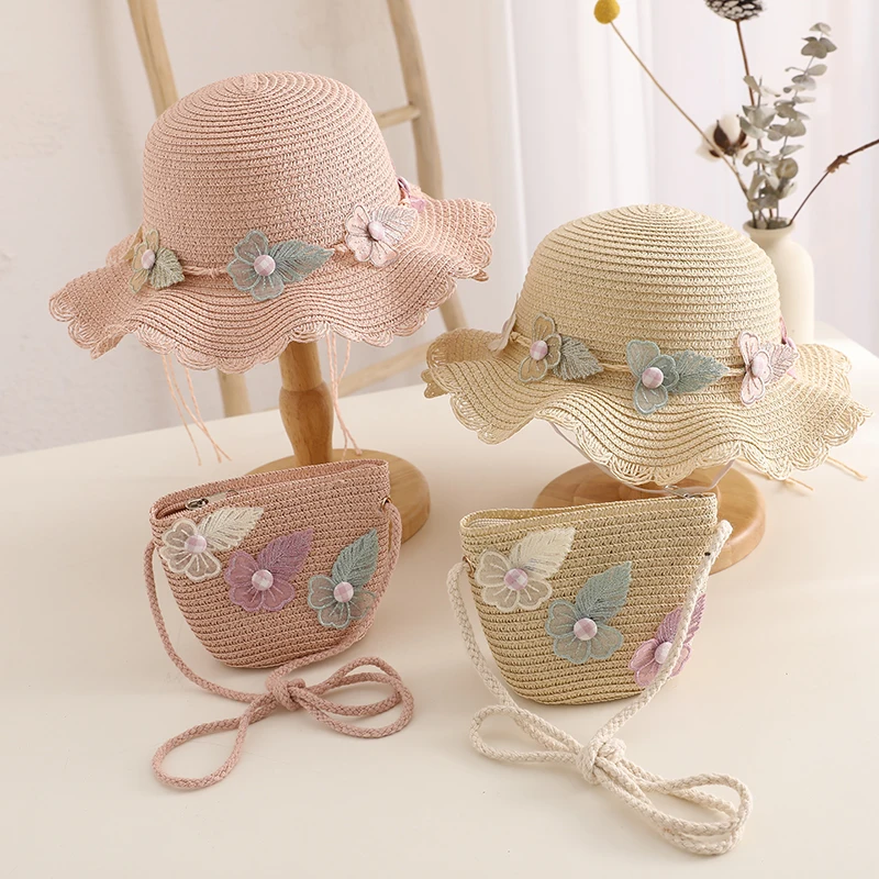 Fashion Straw Hat Handbag Set Kids Girls Summer Sun Protection Cap Travel Beach Sun Cap Portable Handbag Hat