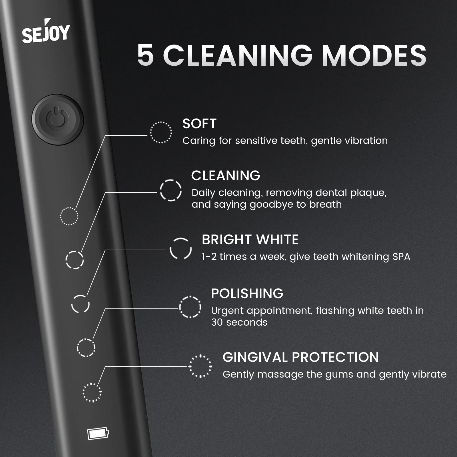Sejoy Sonic Electric Toothbrush for Adults Rechargeable Sonic Toothbrush 5 Modes Smart Timer 10 Brush Heads 2
