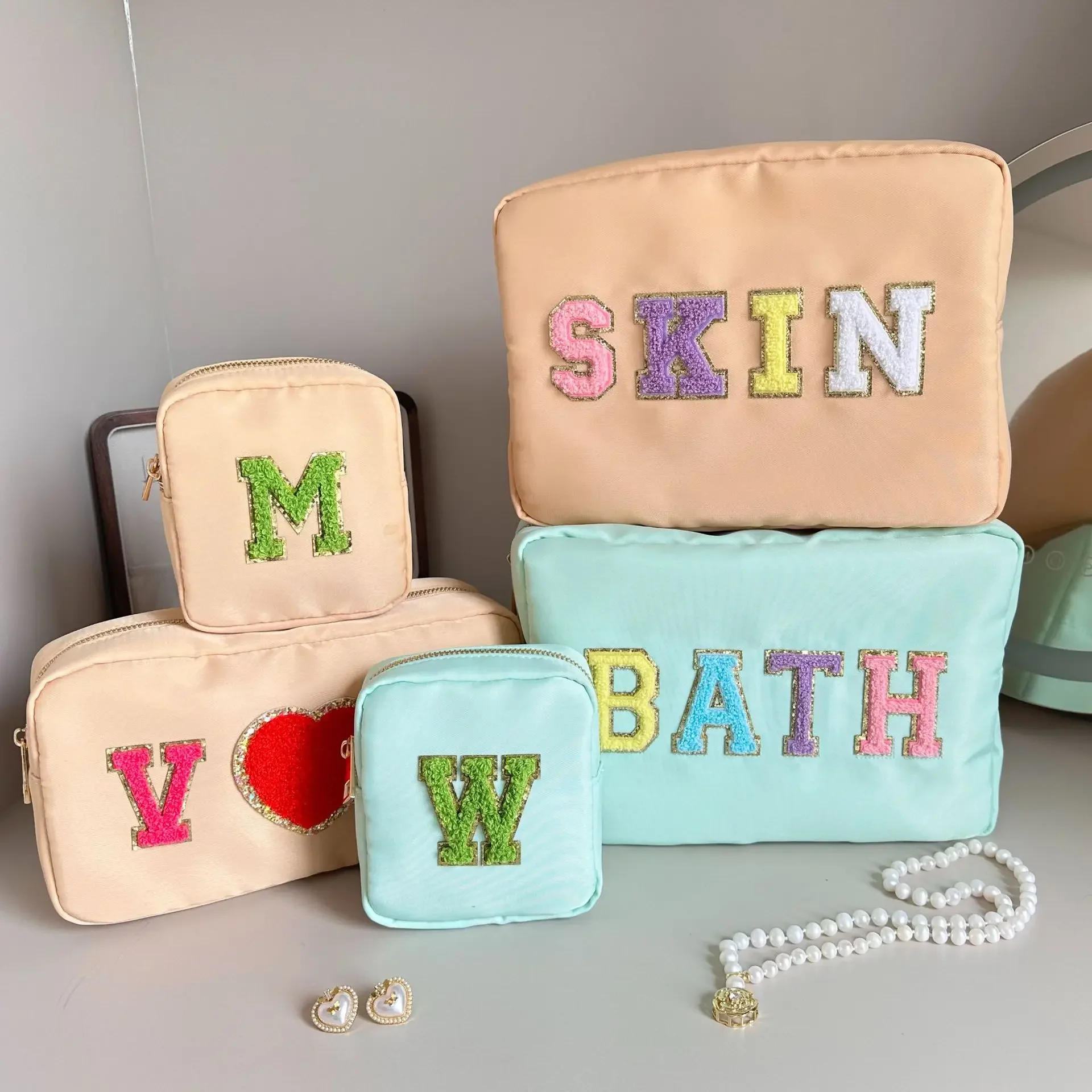 Large Capacity Women's Cosmetic Bag Simple Solid Color Ladies Nylon Storage Bags College Girls Pencil Case Purse Handbags 3