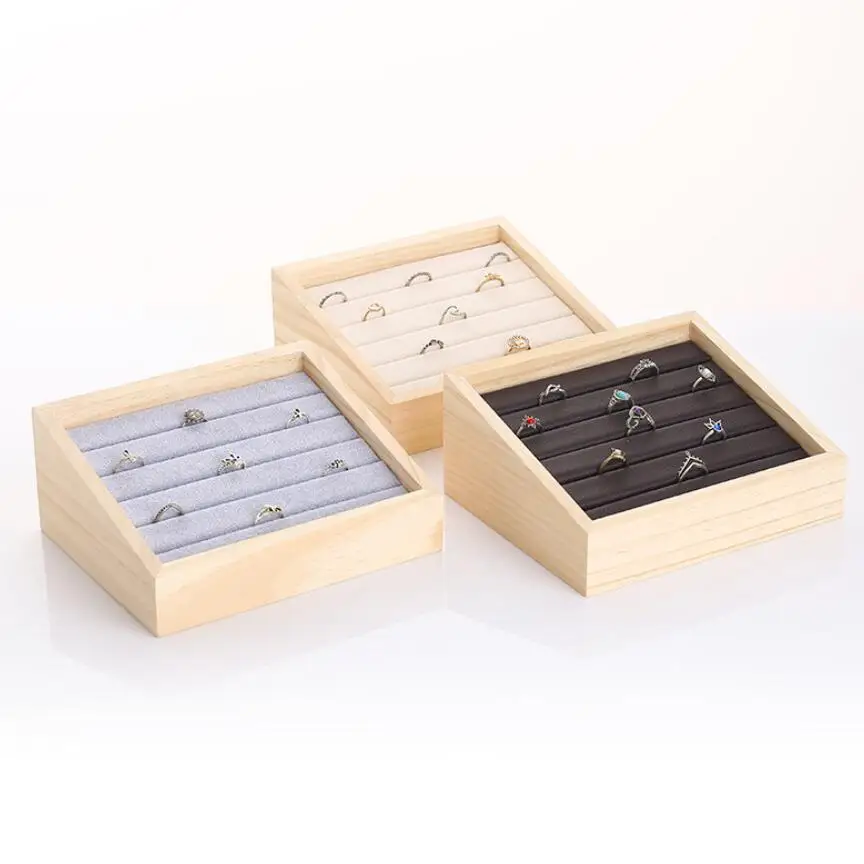 Fashion Bamboo Velvet Jewelry Display Tray Ring Box Earring Necklace Bracelet Pendant Display Organizer Jewelry Storage