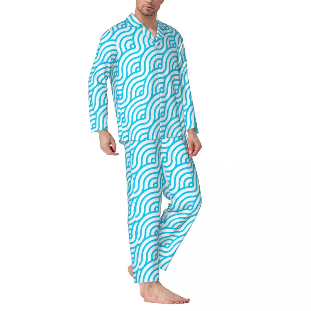 

Seigaiha Blue Pajamas Mens Japanese Wave Circle Cute Soft Daily Nightwear Autumn 2 Piece Casual Oversized Custom Home Suit