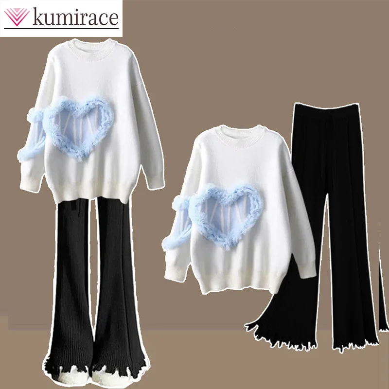 Winter Wear Women's 2023 New Korean Edition Design Western Knitted Sweater Wide Leg Pants Two Piece Set Winter Clothes Women