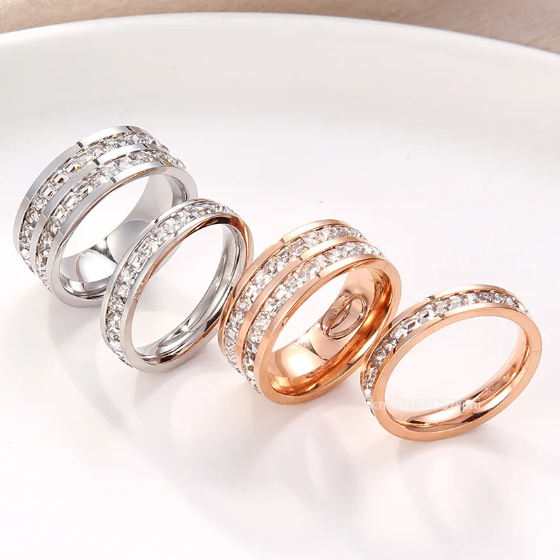 Women Zircon Stainless Steel Ring Double Row Square Romantic Engagement Wedding Party Jewelry