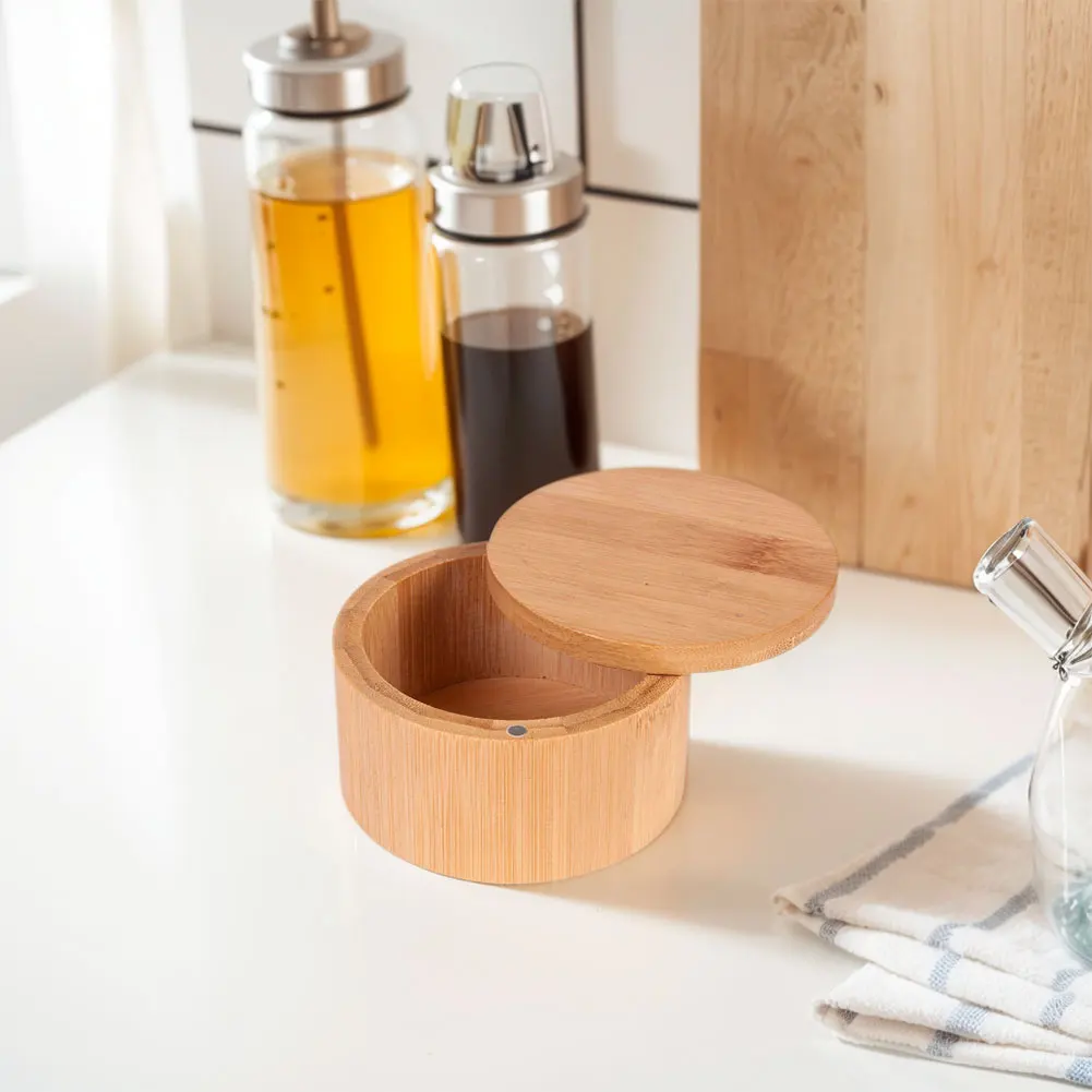 Bamboo Salt Cellar with Swivel Magnetic Closure Lid Bamboo Storage Box Round Salt Container for Storing Pepper Sugar Herbs
