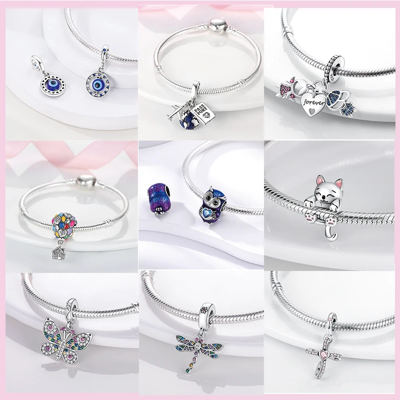 925 Sterling Silver Butterfly Dragonfly Charms Heart Cat Beads for Bracelet DIY Jewelry