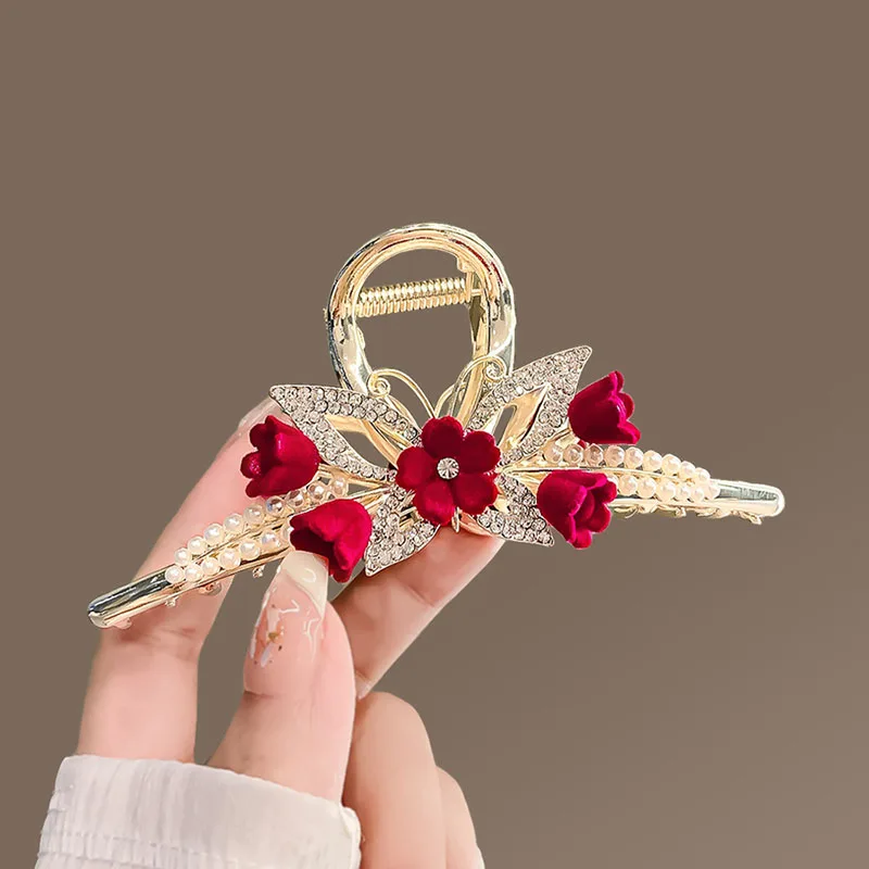 Fashion Red Flocked Flowers Rhinestone Butterfly Hairpin Ponytail Hair Claw Alloys Grab Clip Woman Hair Accessories Gifts