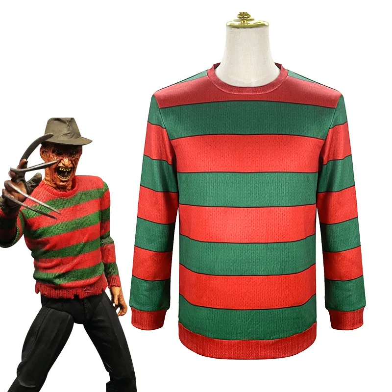 Freddy Krueger Costume Cosplay Adulto Rosso Verde A Righe Top Suit Freddy Krueger Halloween Party Stage Performance Clothes