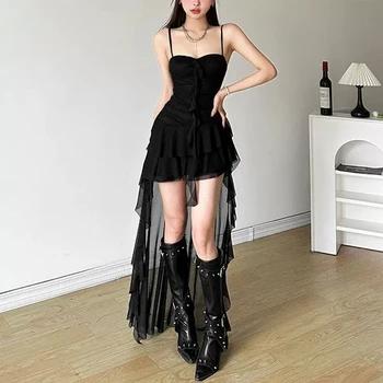 Fashion Sexy Spaghetti Strap Ruffle Irregular Bodycon Party Club Evening Dress Women Mesh Suspender Spring Summer Holiday Beach 1