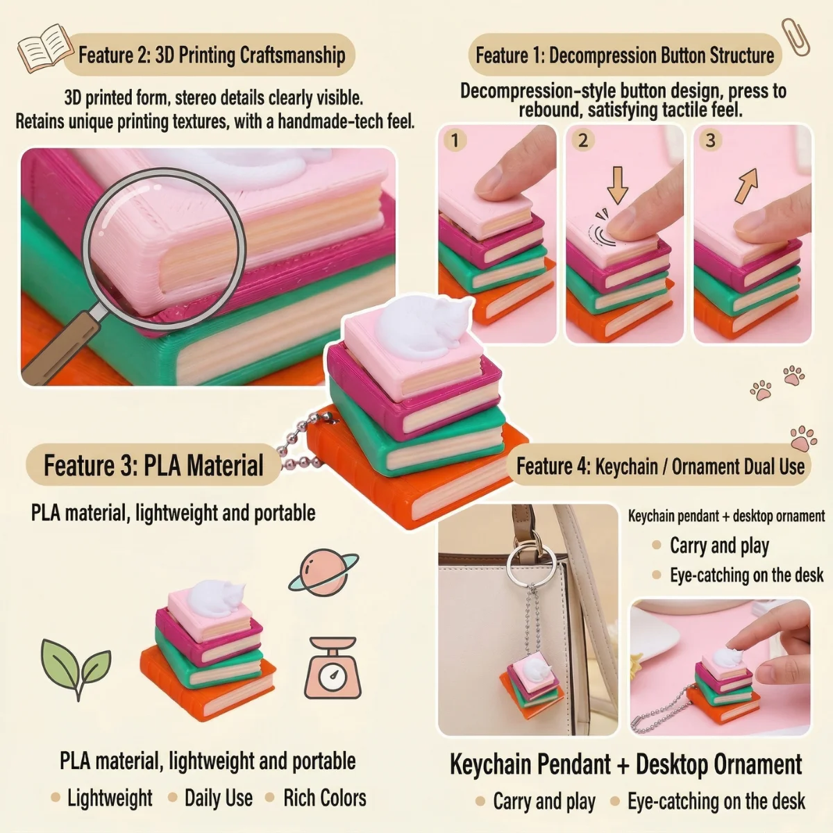미니 북 타워 클리커 피젯 키체인, 스트레스 해소 ASMR 감각 장난감 3.2cm 3D 프린팅 PLA