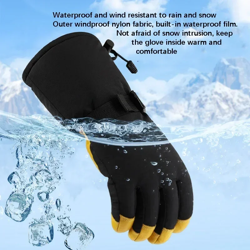 Thermal Leather Ski Gloves Velevt Keep Warm Winter Ski Skateboard Gloves Full Finger Windproof Climbing Riding Running Gloves 4