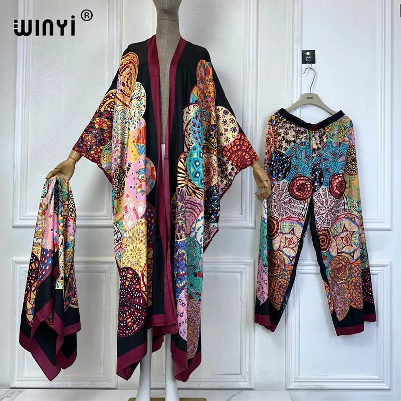 

Классический богемный Женский комплект WINYI из двух предметов, длинный кардиган и брюки с широкими штанинами, элегантное пляжное платье-накидка