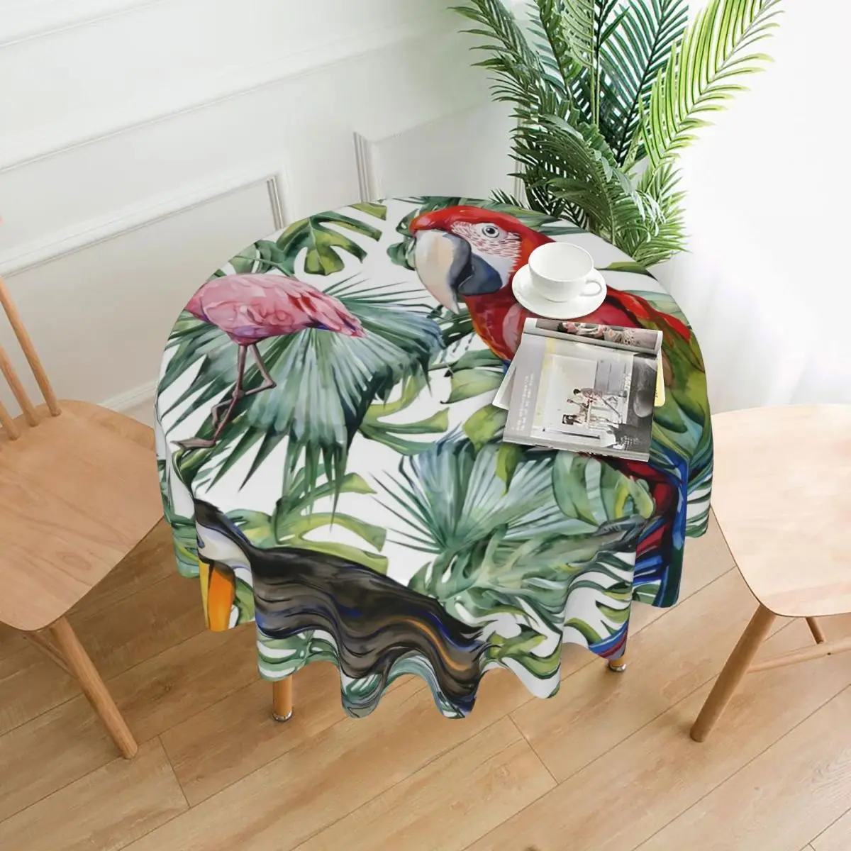 

Tablecloth Tropical Flamingo Parrot Round Table Cloth Jungle Animal Table Cover Tablecloths Kitchen Dining Room Table Decoration