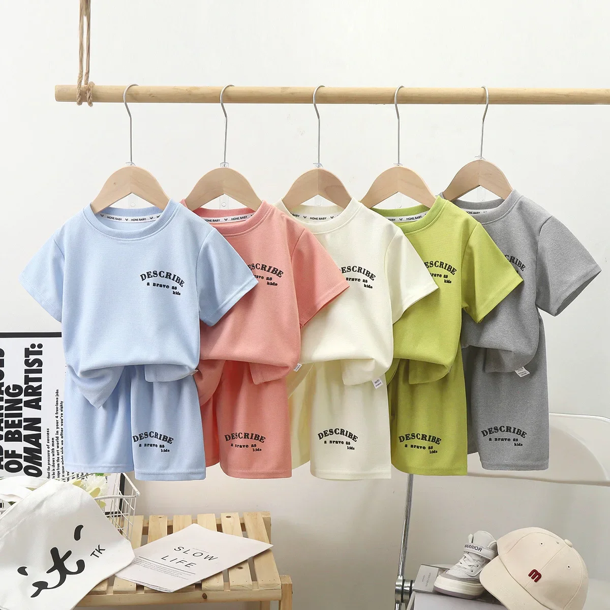 2PCS Set For Kids Girls Sports Suits Toddler Tracksuits Clothes Boys Clothing Set Summer Waffle Short Sleeve Shirts+Shorts