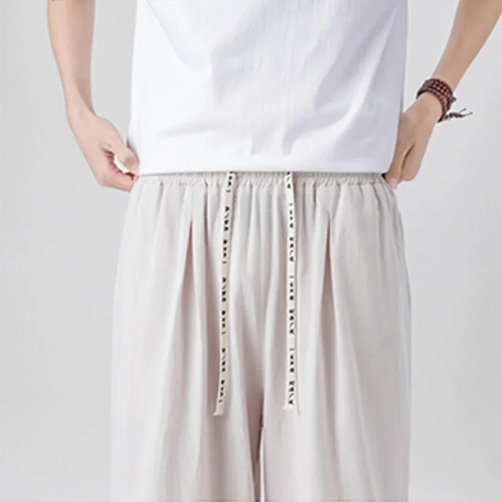 Summer Causal Men Baggy Linen Pants Loose Wide Leg Calf-Length Joggers Man Fashion Japanese Kimono Linen Breathable Trouser Pant