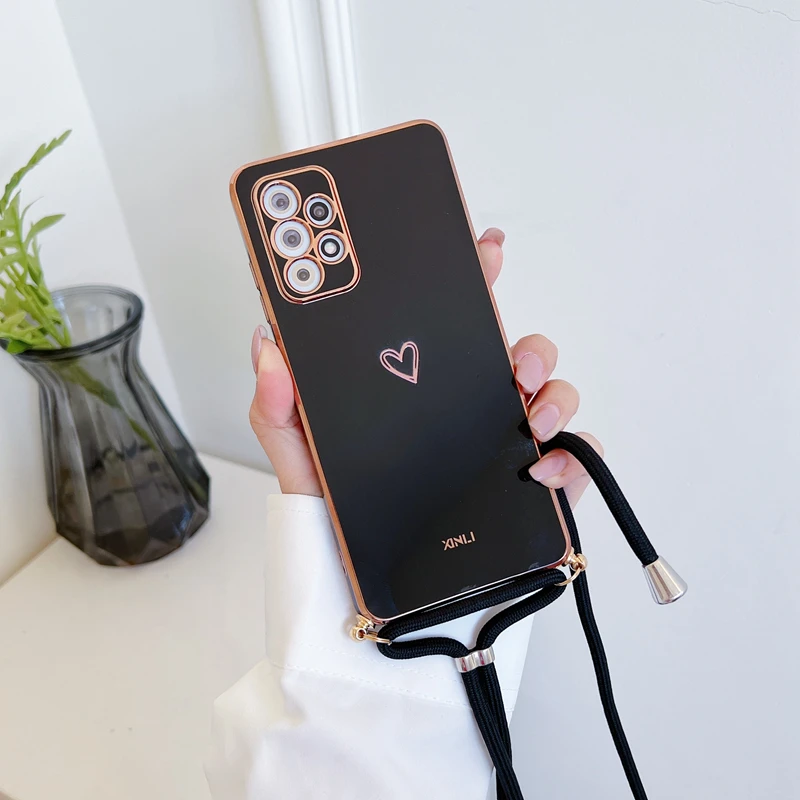Elegant Love Heart Crossbody Lanyard Strap Plating Case Cover