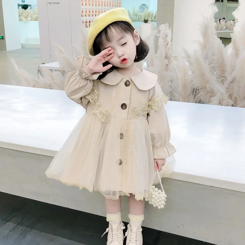 Trench Girls Windbreaker Coat Spring Autumn New Children Clothing Doll Collar Mesh Yarn Baby Middle Length Tops