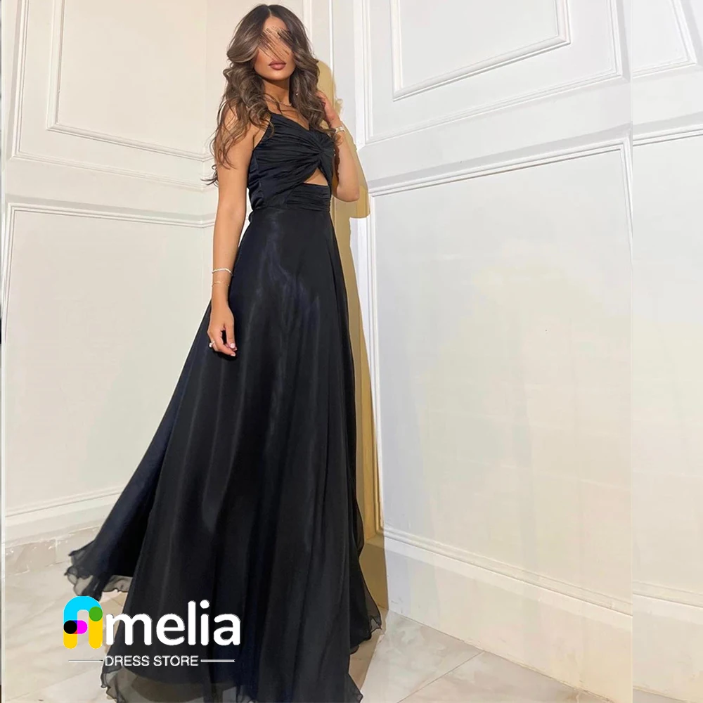 

Amelia Black Spaghetti Straps Neckline Prom Dress Sleeveless Evening Gown With Ankle Length Summer Women Wedding Party Dress