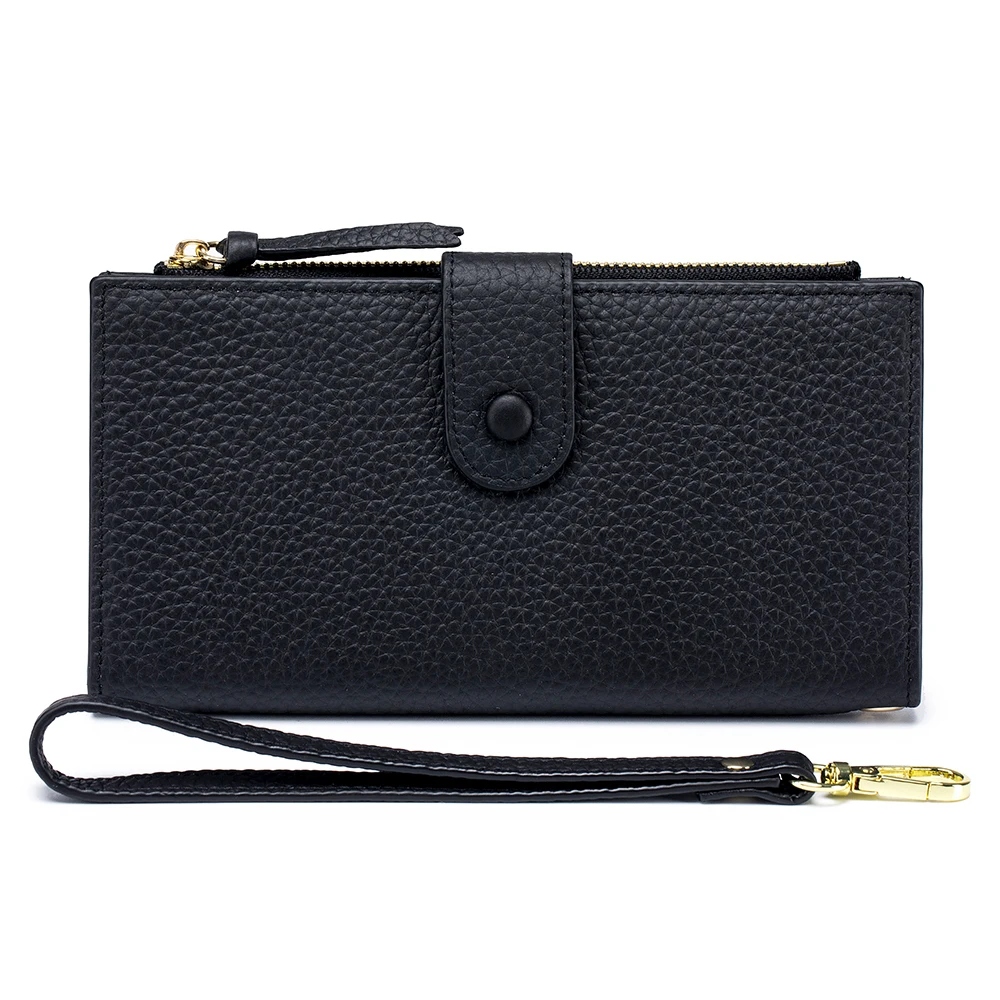 Genuine Cow Leather Snap Button Long Wallet Fashion Woman Multi-functional Clutch Purse with Phone Pocket ID Card Holders Purses