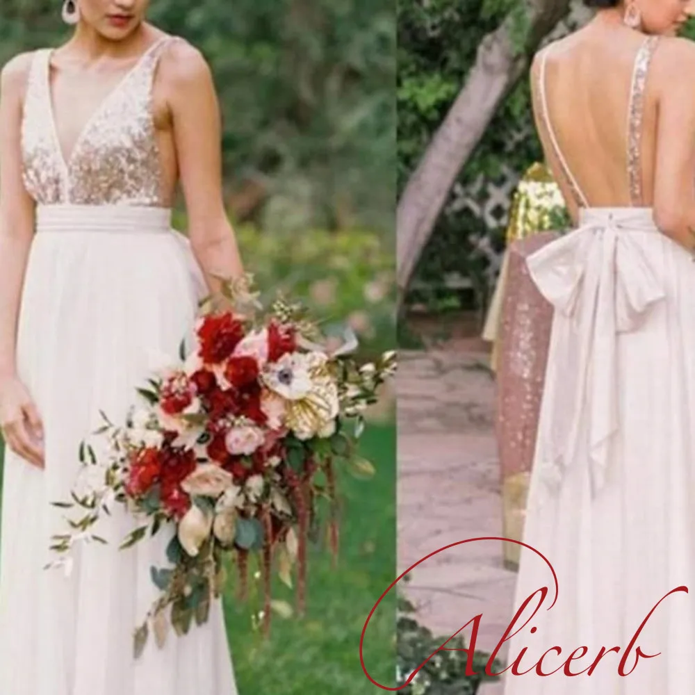 

Alicerb 2022 A-Line Bridesmaid Dress V Neck Sleeveless Beautiful Back Sweep Train Chiffon Sequined with Bow Pleats Wedding Party