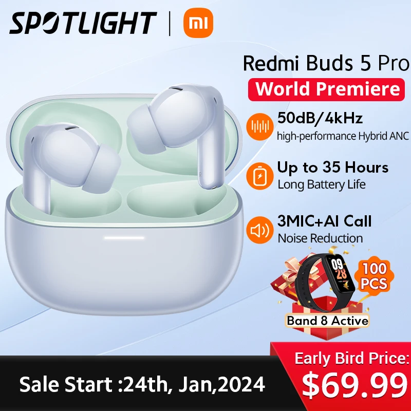  [World Premiere] Global Version Xiaomi Redmi Buds 5 Pro Up to 52dB Active Nolse Cancellation 38 Hours Long Battery 