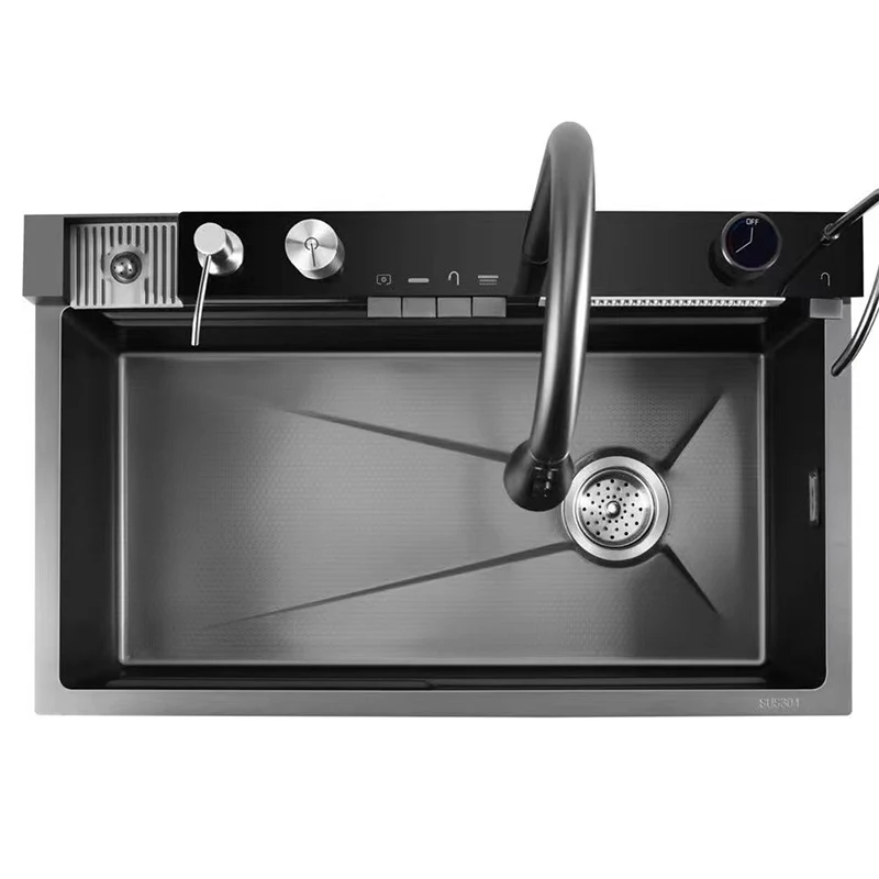 

New Trend One Piece 2 Waterfall Faucet Stainless Steel Single Slot Bionic Honeycomb Black Kitchen Sink