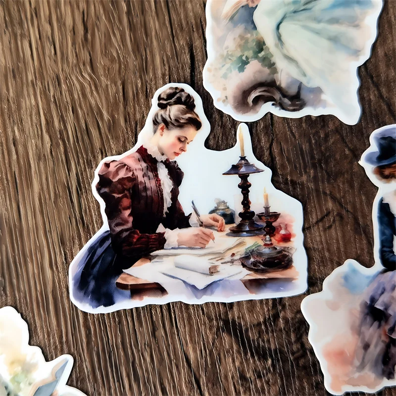 Retro-Viktorianische Frau, die liest und schreibt, Handkonto-Aufkleber, niedliche Handy- und Tablet-Dekoration im Ins-Stil, Schreibwaren – Detail 2
