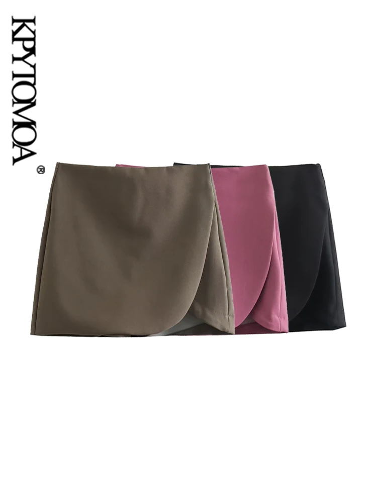 

KPYTOMOA Women Fashion Pareo Style Shorts Skirts Vintage High Waist Side Zipper Female Skort Mujer