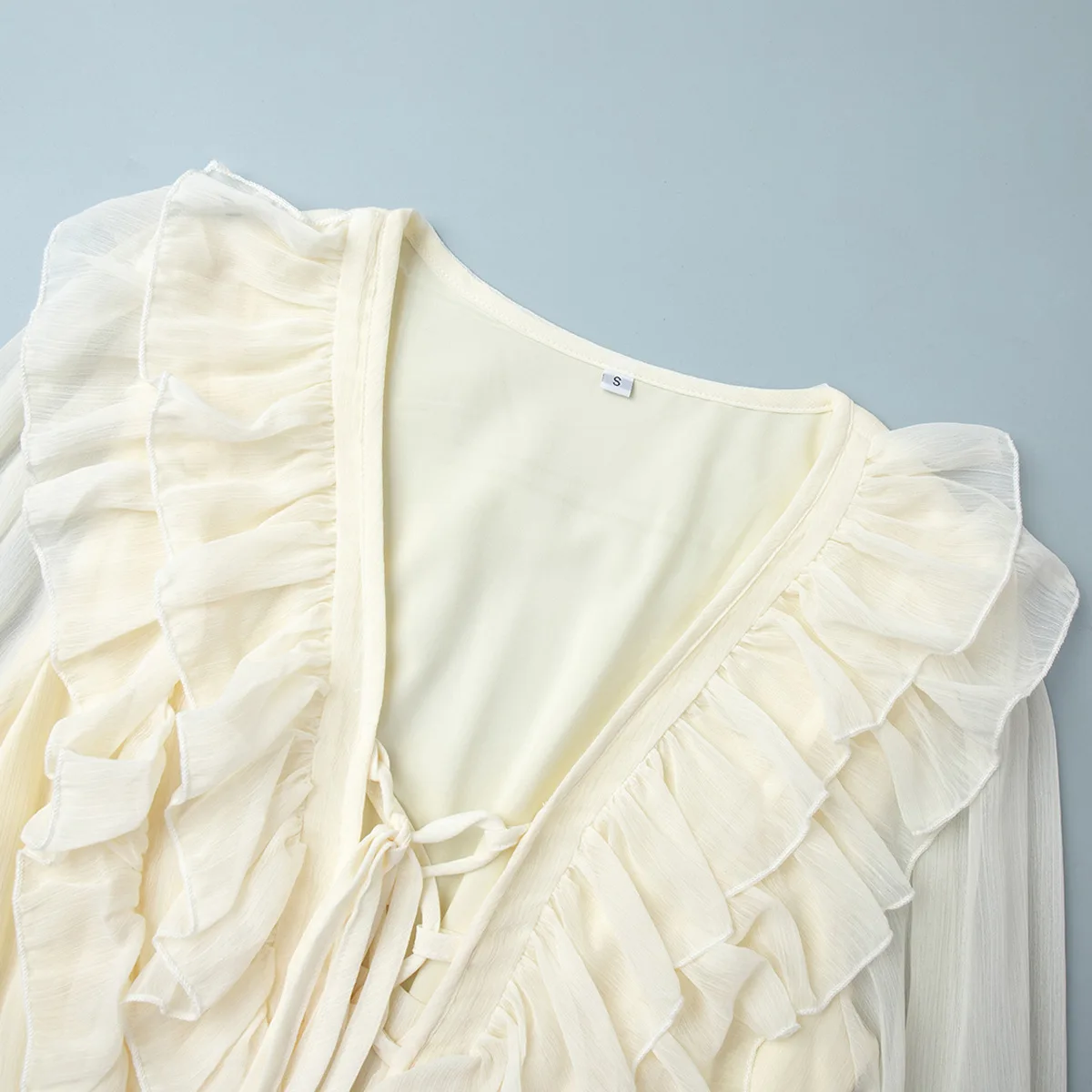 Elegant Chiffon Dress - Womens Spring Deep V Neck Lantern Sleeve Ruffle Tie Waist Skirt