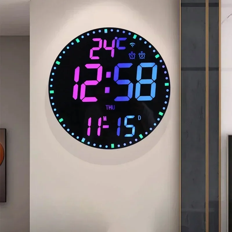 Smart Wifi Colorful LED Large Digital Wall Clock Temperature Date Week Display Dual Alarms 12/24h HomeDecor Remote