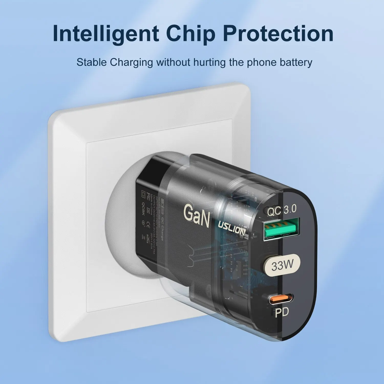 USLION GaN PD USB C 충전기, 아이폰 14, 13, 12 프로 맥스, 휴대폰 충전기, QC 3.0 PD 3.0, 아이패드 에어용, USB C 타입 고속 충전, 33W