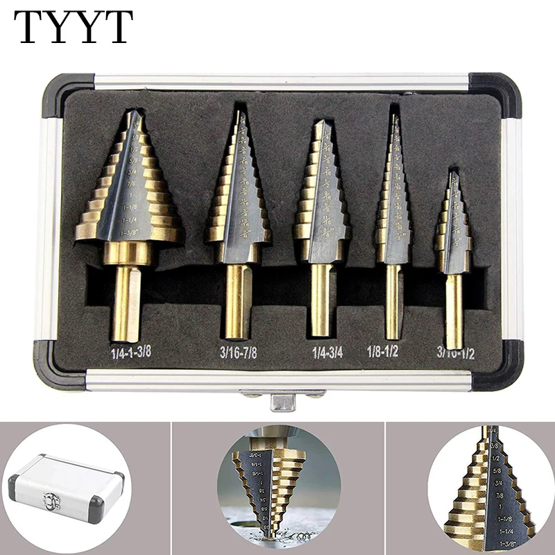

5PCS HSS Drill Bits For Drilling Metal, Aluminum, Wood Etc. Coated Stepped Hexagonal Shank Stepped Conical Drill Bit Set Tools