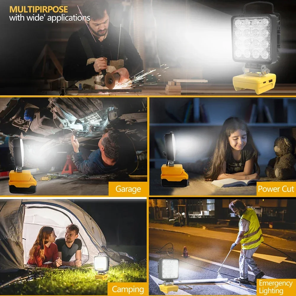 LED Flashlight, LED Work Light, Work Light 16 LED Working Lights Flashlight Torch Spotlights Type C USB Power Bank For DeWalt 18V 20V Lithium Battery High Low Beam Control