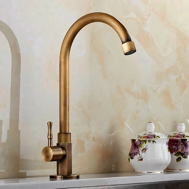 

Antique Faucet Brass Classic Only Cold Water Kitchen Sink Faucet Gooseneck Single Lever Outdoor Tap Bronze Brushed Finish